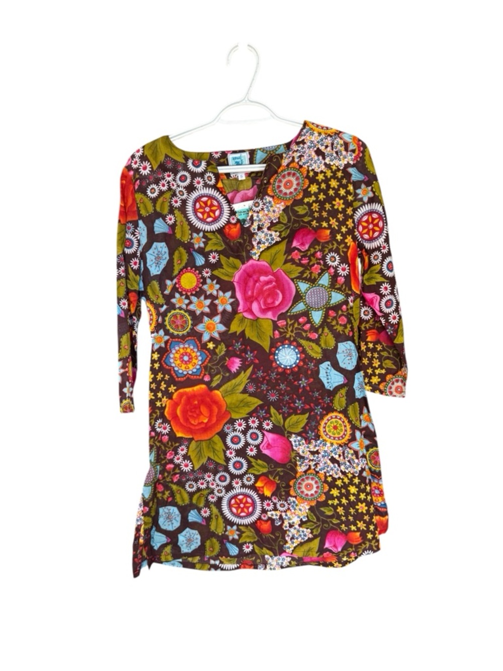 Karma livings Floral V-Neck Tunic Blouse - Brown with Pink & Orange Flowers